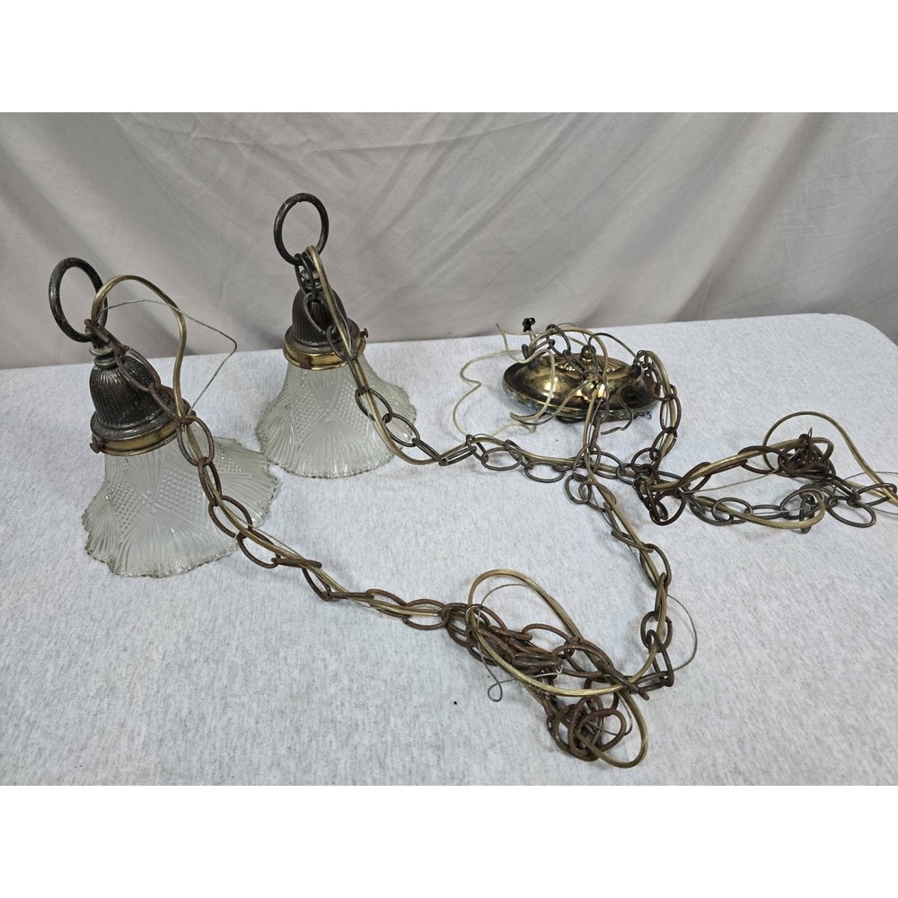 Vintage Brass Double‎ Pendant Light Pair Frosted Glass Shades Hanging Lamps MCM